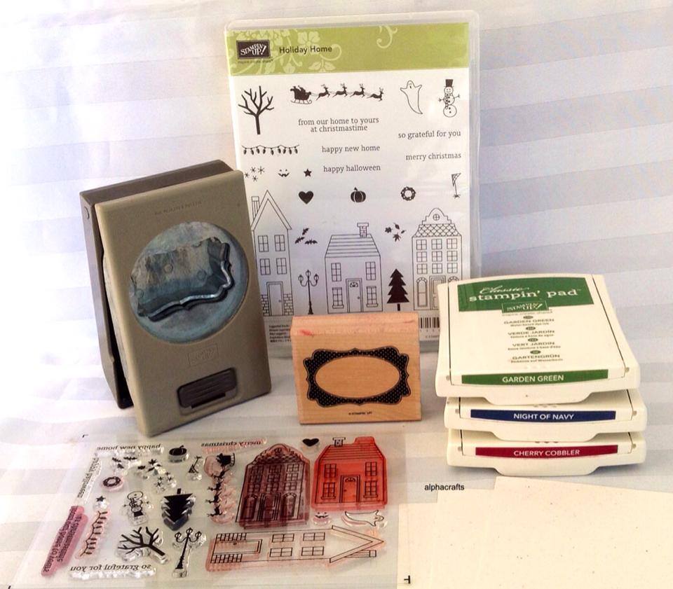 Holiday Home stamp set, Decorative Label Punch, Ink pads.