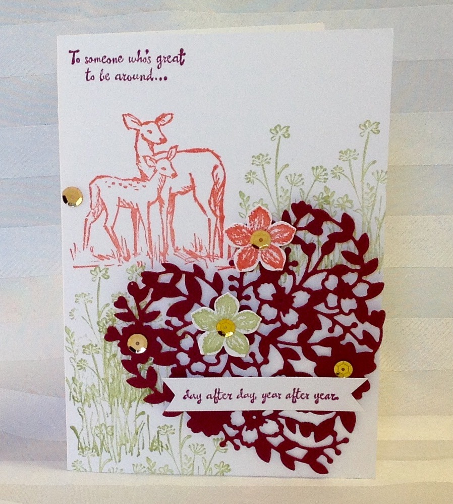 In The Meadow card sample using the stamp set and the Bloomin' Hearts Thinlits Dies from the Occasions Catalogue 2016.