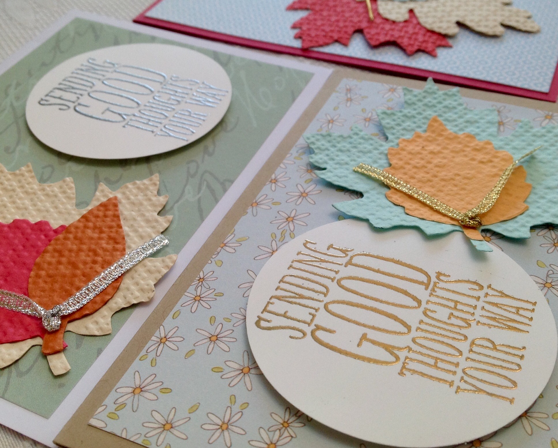 Heat embossed cards with Designer Series Paper, leaves and greeting.