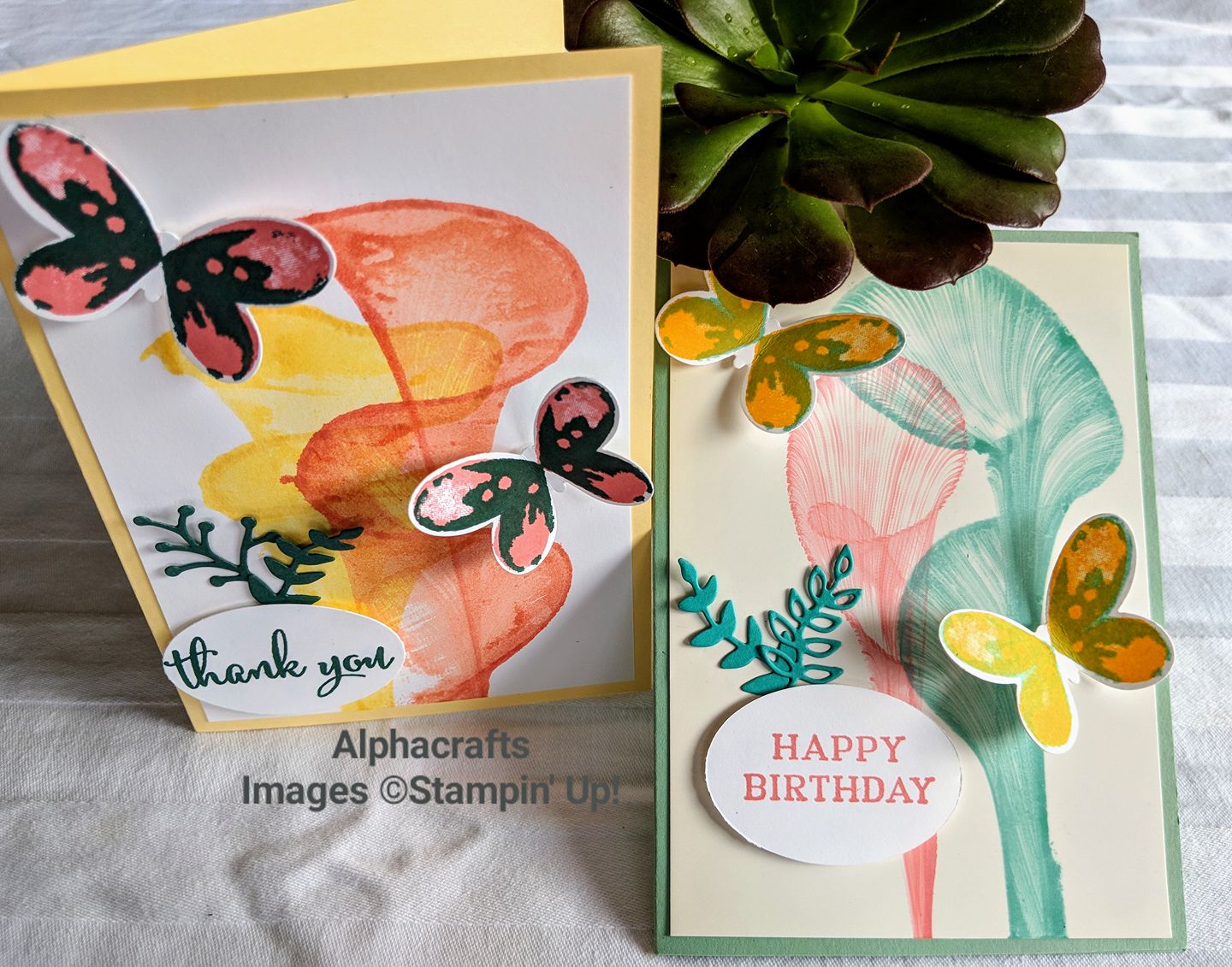 String art cards with butterflies and stamped with happy birthday and thank you.