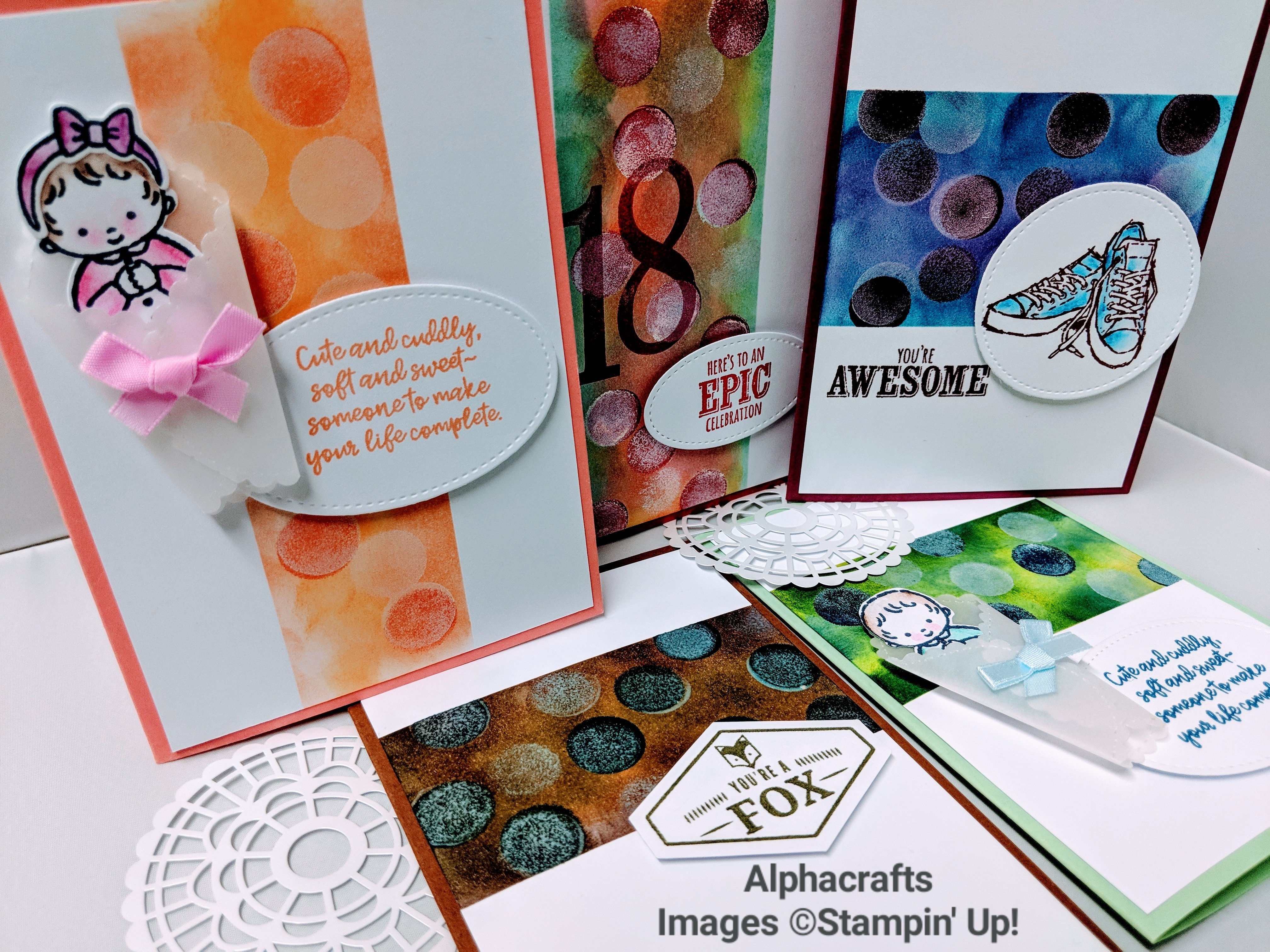 Image of cards showing Bokeh technique using sponge daubers and ink to create the dots