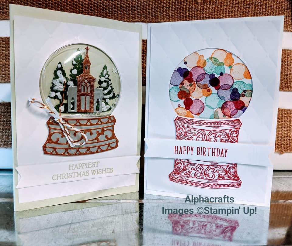 Still Scenes shaker cards for Christmas and birthday. The Christmas card has a plastic dome and die cuts of a church and pine trees covered in snow. The birthday card has colourful gum balls stamped inside the dome of the gum ball machine.