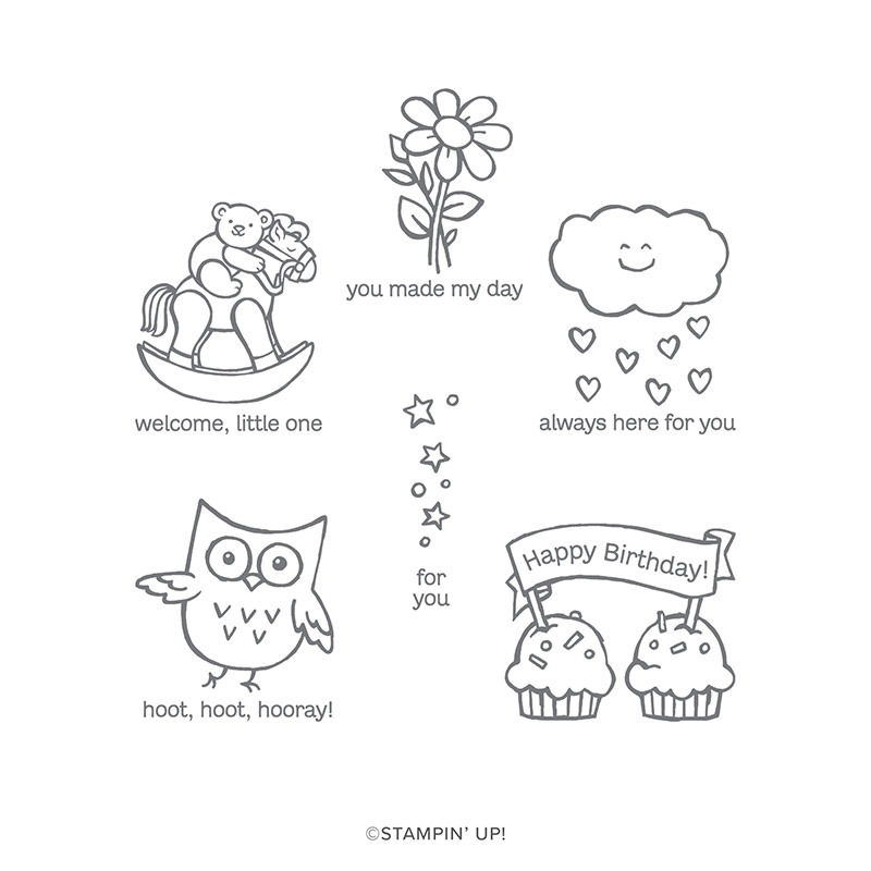 Hoot Hoot Hooray Cling Stamp Set. The stamp set includes a bear, stars, flower, clouds, owl and cupcakes. It also has greetings that say you made my day, always here for you, happy birthday, welcome little one. for you and hoot hoot hooray.