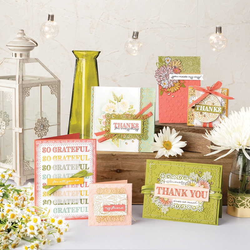 Ornate Garden Suite Collection and card samples. Cards feature Victorian-inspired design with lace frames. The cards have the words thank you and so grateful as sentiments.