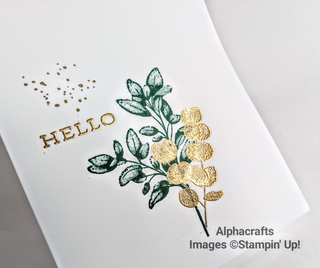 Card using the Forever Fern Stamp set by Stampin' Up!. The card has leaves that are layered in green and gold embossing powder.