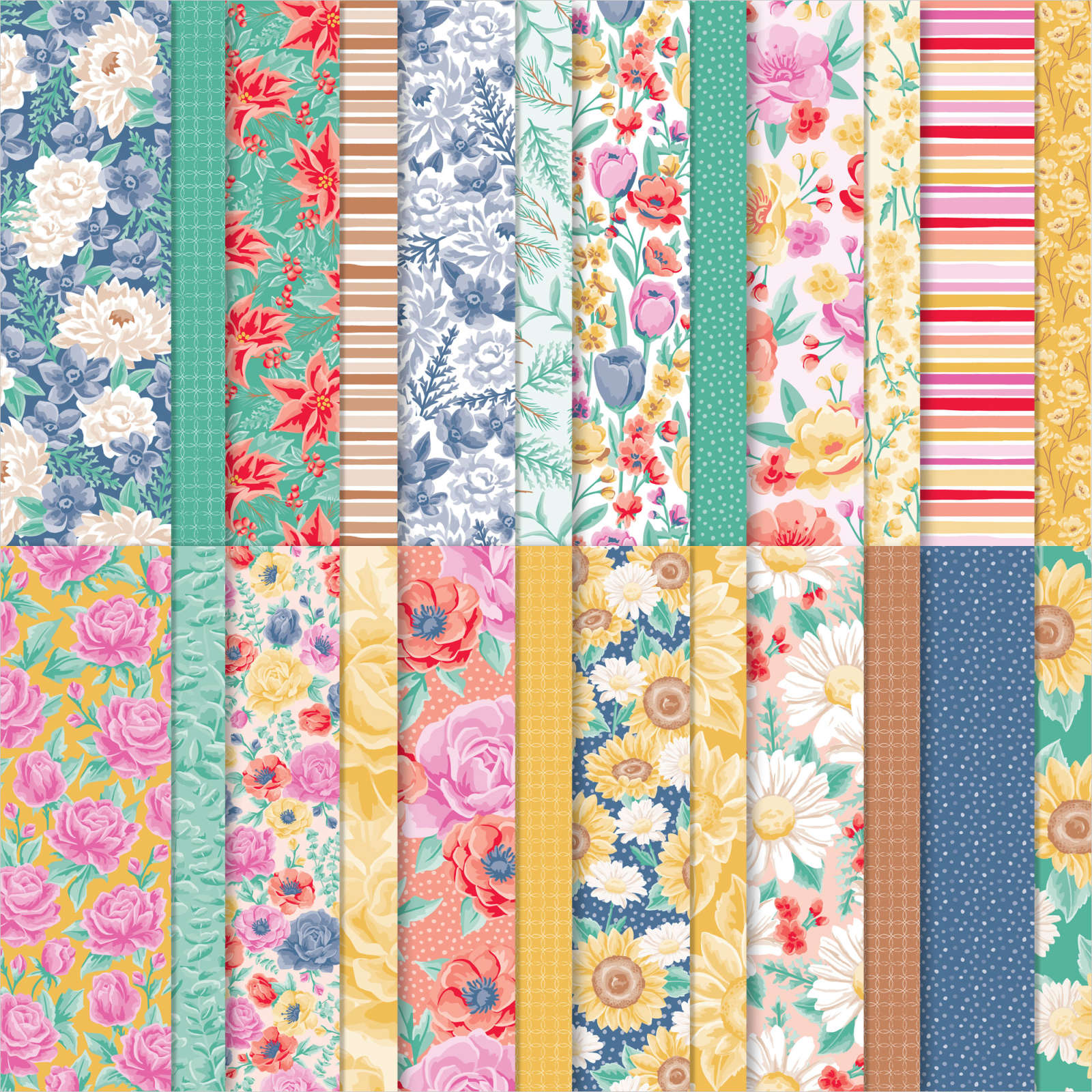 Flowers For Every Season and In Color Double-sided printed papers with flowers, leaves, stripes and dots. Colours are from the new In Color 2020-2022.