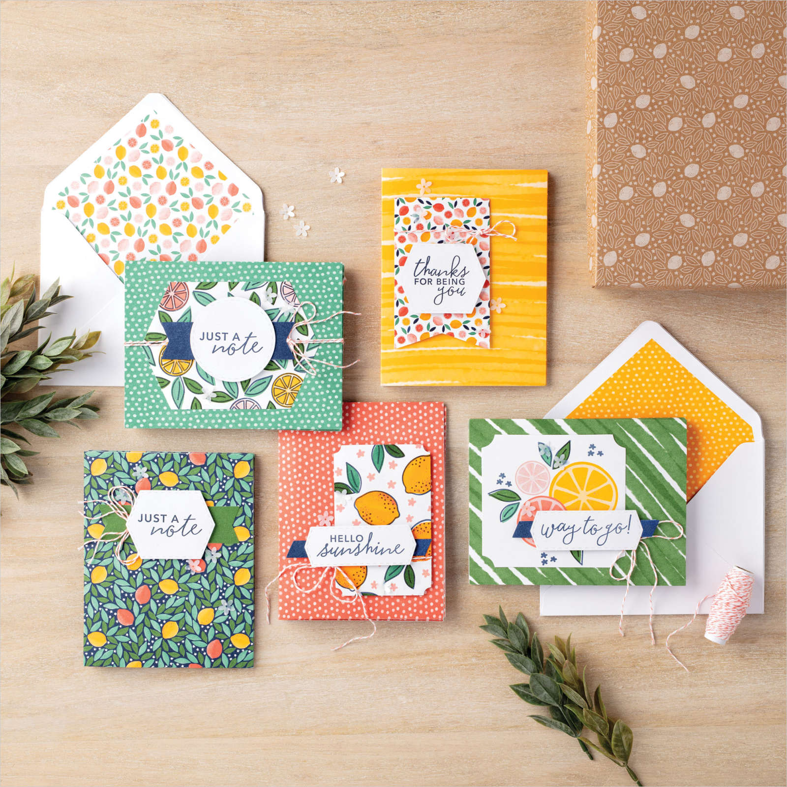 Simply Citrus Card Making Kit Assorted cards featuring citrus fruits and colourful card stock and envelopes in the Simply Citrus kit.