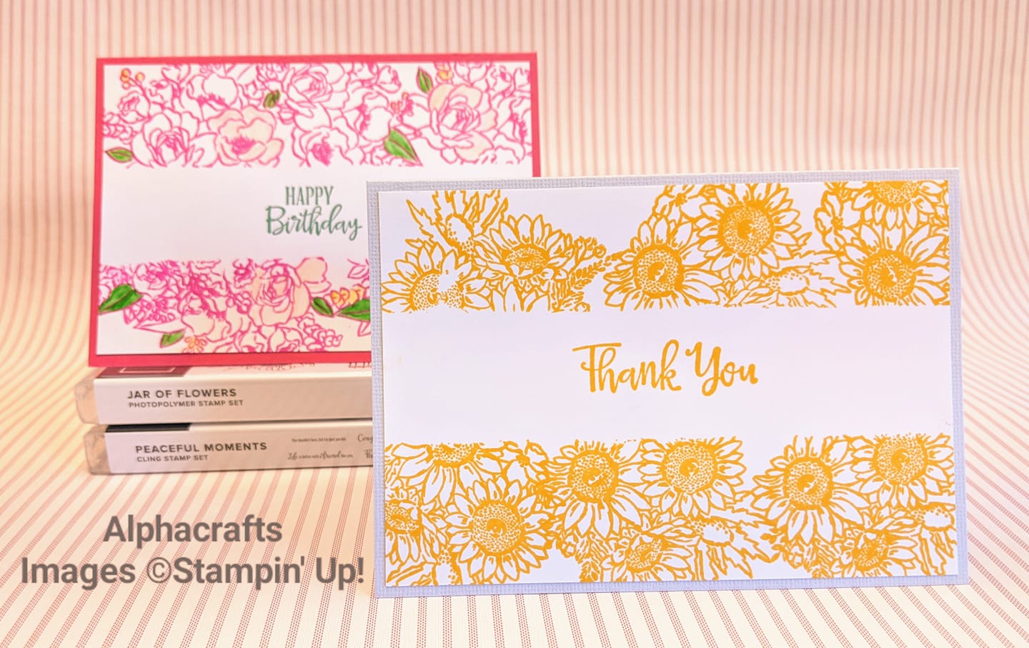 Jar of Flowers Masking Technique Cards showing a technique called Masking using Jar of Flowers by Stampin' Up!. The cards are stamped with flowers and has a white band with the words happy birthday and thank you.