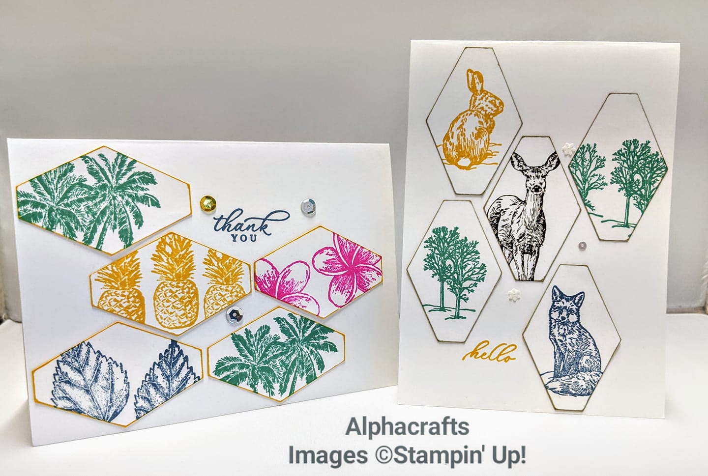 Tailored Tag Punch Handmade cards using tiles technique. The Tailored Tag punch from Stampin' Up! was used to make the tiles. The card has colourful; stamped images of woodland animals, trees, flowers, pineapple and leaves.