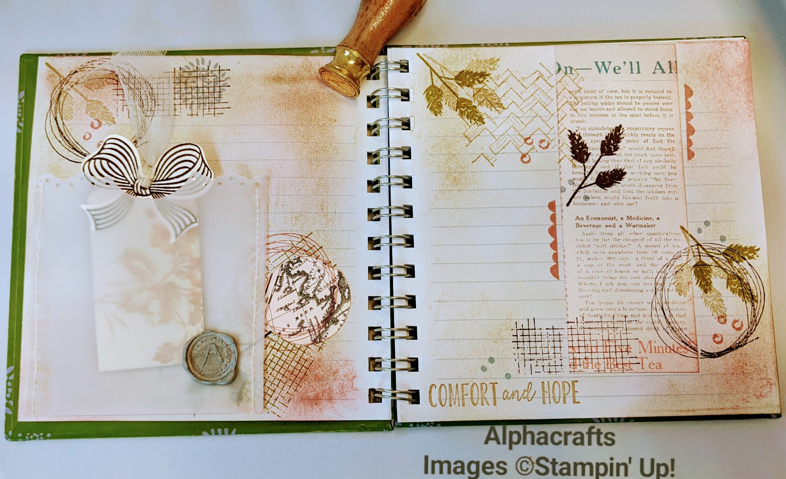 Journal spread using Comfort & Home stamp set from Stampin' Up!. The 2-page layout has layers of stamping in brown and green