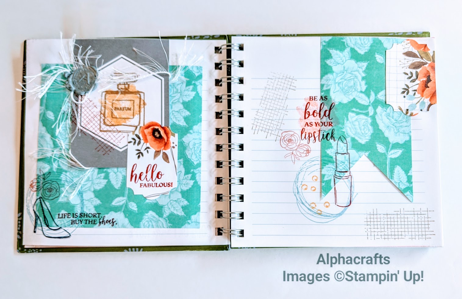 Dressed To Impress Journal Spread Journal spread using Dressed To Impress stamp set from Stampin' Up!. The 2-page journal has a perfume bottle, lipstick and shoe image. The background is a blue-green flower printed paper.