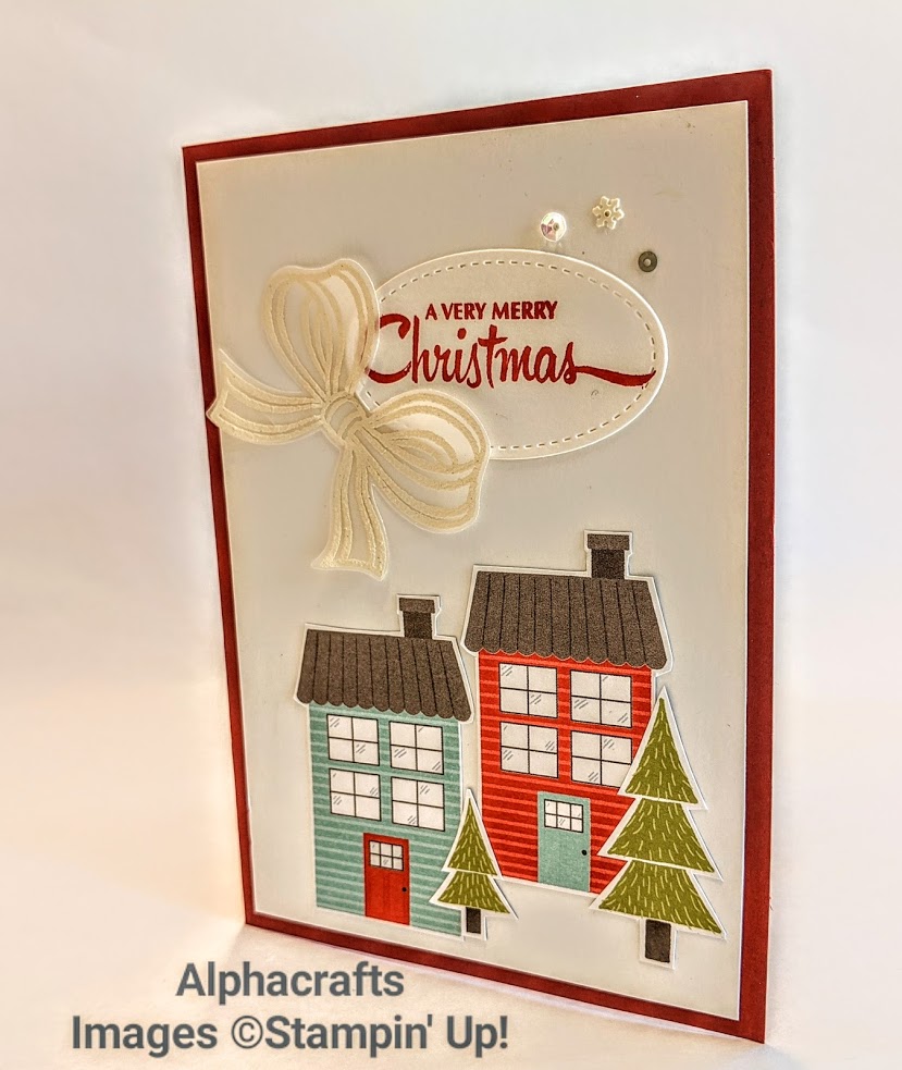 Christmas card using Trimming The Town DSP and Gift Wrapped Bundle from Stampin' Up!.