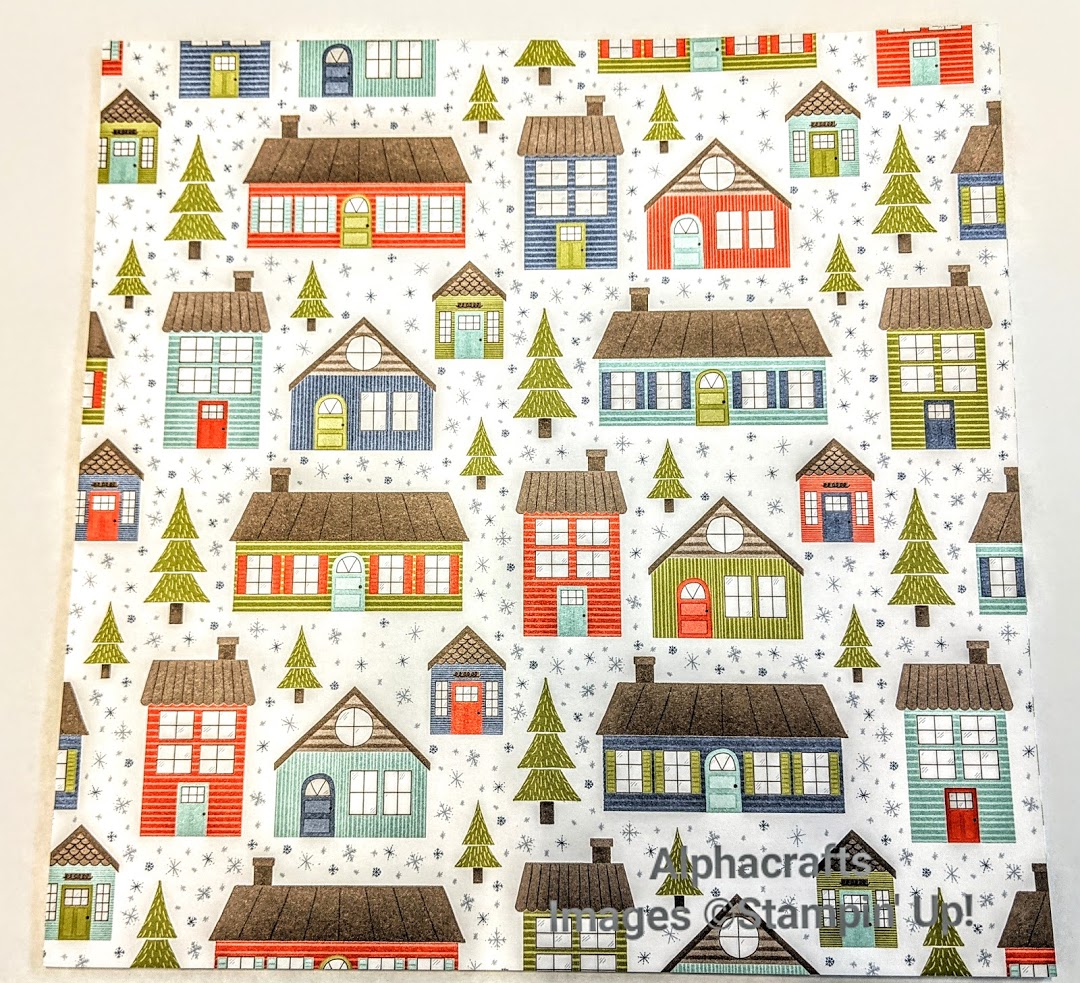 Trimming The Town Card Trimming the Town Designer Series Paper (DSP). This 12x12 page features houses in reds, greens and blues.