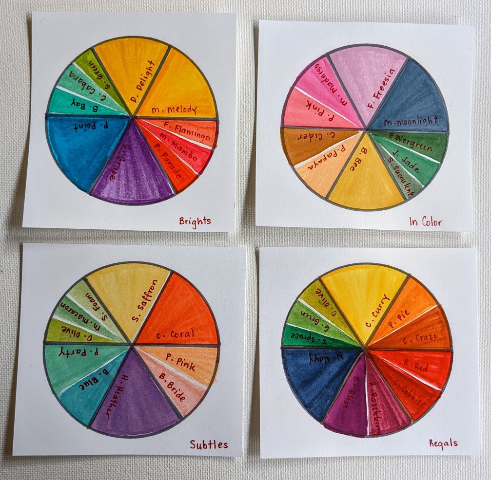 Image of 4 colour wheels in Brights, In Color, Subtles and Regals (clockwise order) inks from Stampin' Up!.